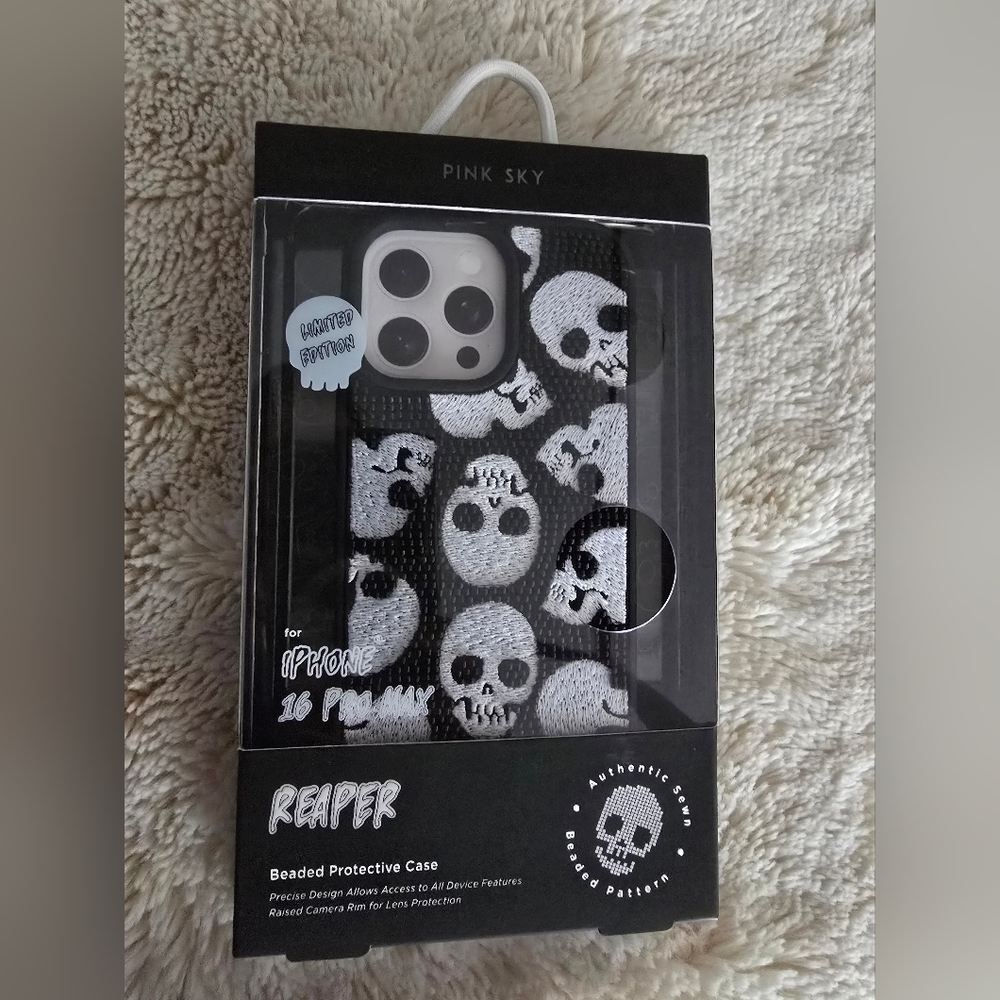 Pink Sky Reaper BeadedSkull Phone Case iPhone 16Pro Max Limited Edition